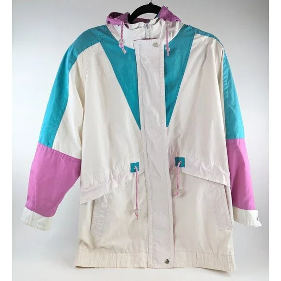 Vtg Current Seen Women’s 16W Colorblock Parka Jacket White Hooded Windbreaker - Picture 2 of 14